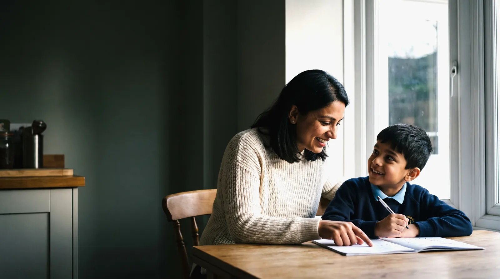A mother helping her son with his homework