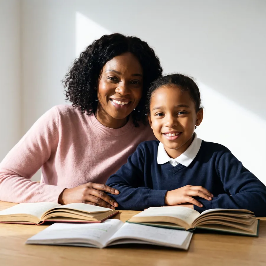 A smiling mother and daughter with school books