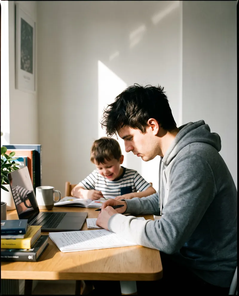 A student parent studying while his son colours beside him