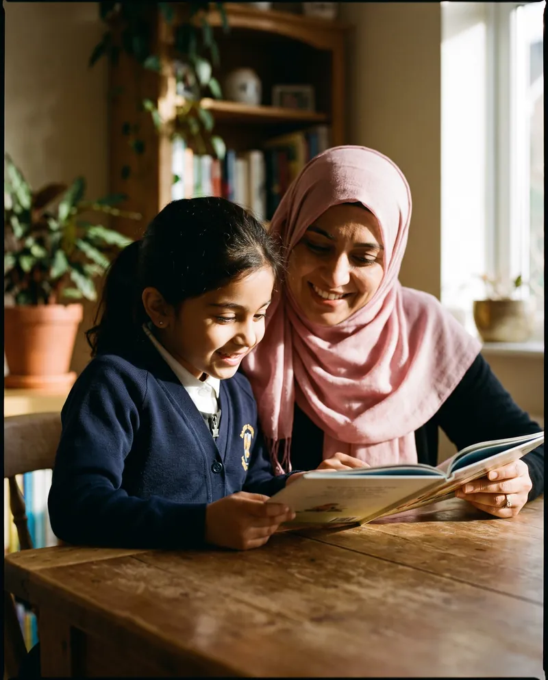 A mother reading with her daughter